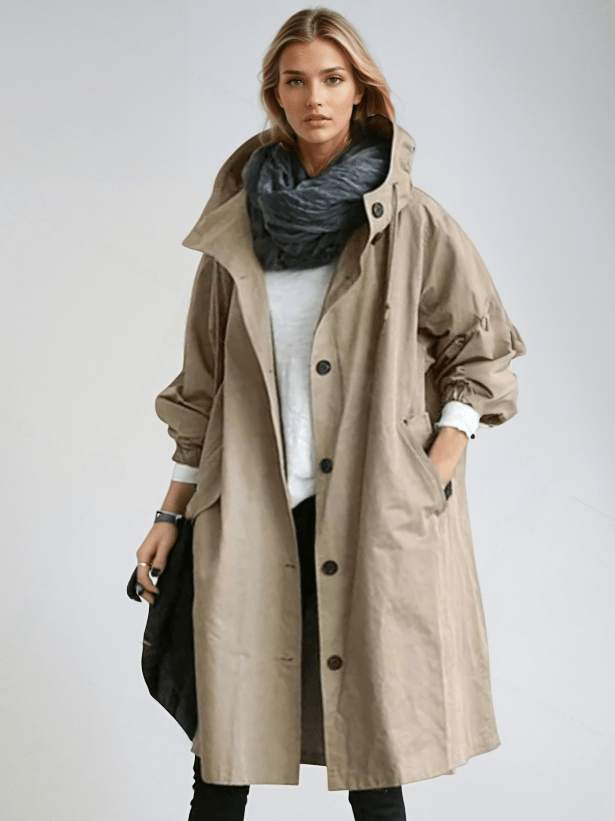 Trench da donna con cappuccio, oversize e lungo, soprabito elegante di mezza stagione - Marrone