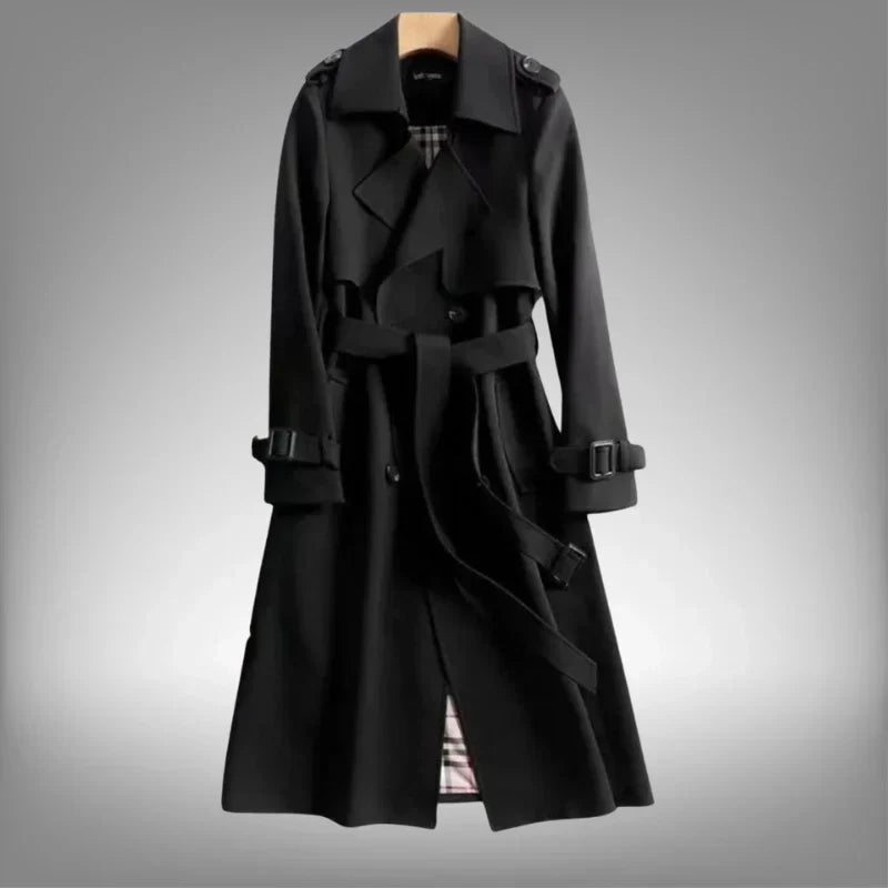 Trench da donna lungo doppiopetto con cintura, elegante per l'ufficio e tutti i giorni - Nero