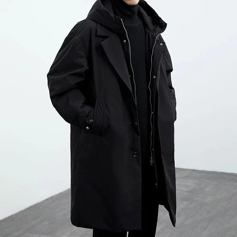 Trench da uomo lungo invernale con cappuccio e imbottitura, parka caldo da città - Nero