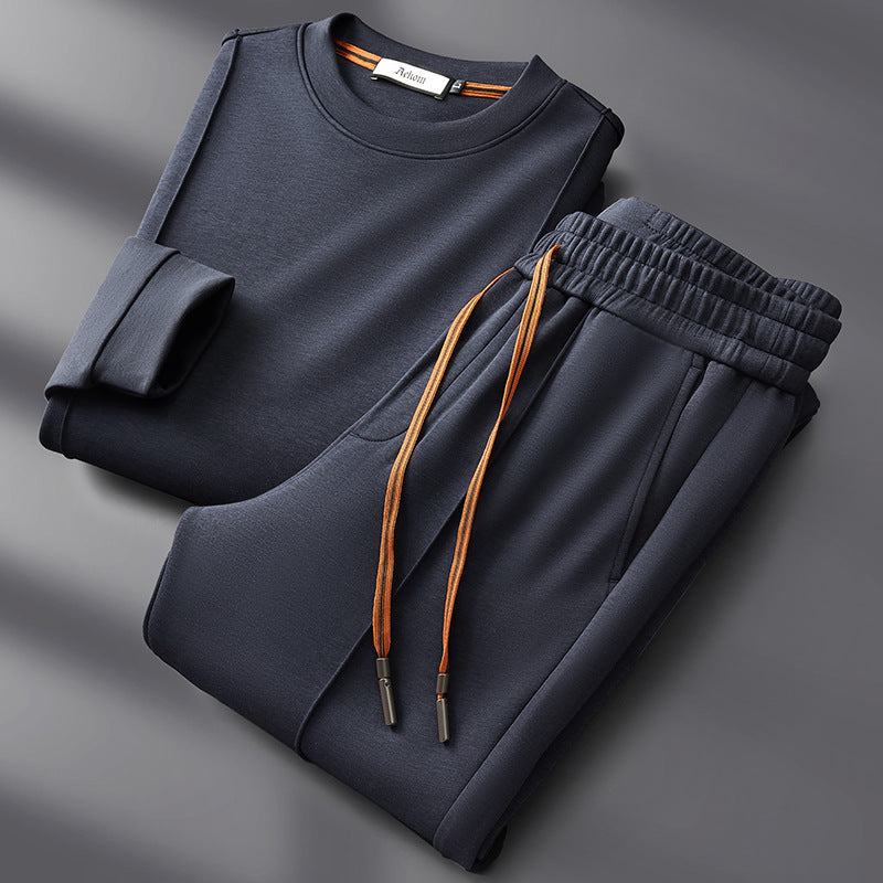 Tuta da uomo in misto cotone, felpa girocollo e pantaloni con coulisse, casual per il tempo libero - Blu navy