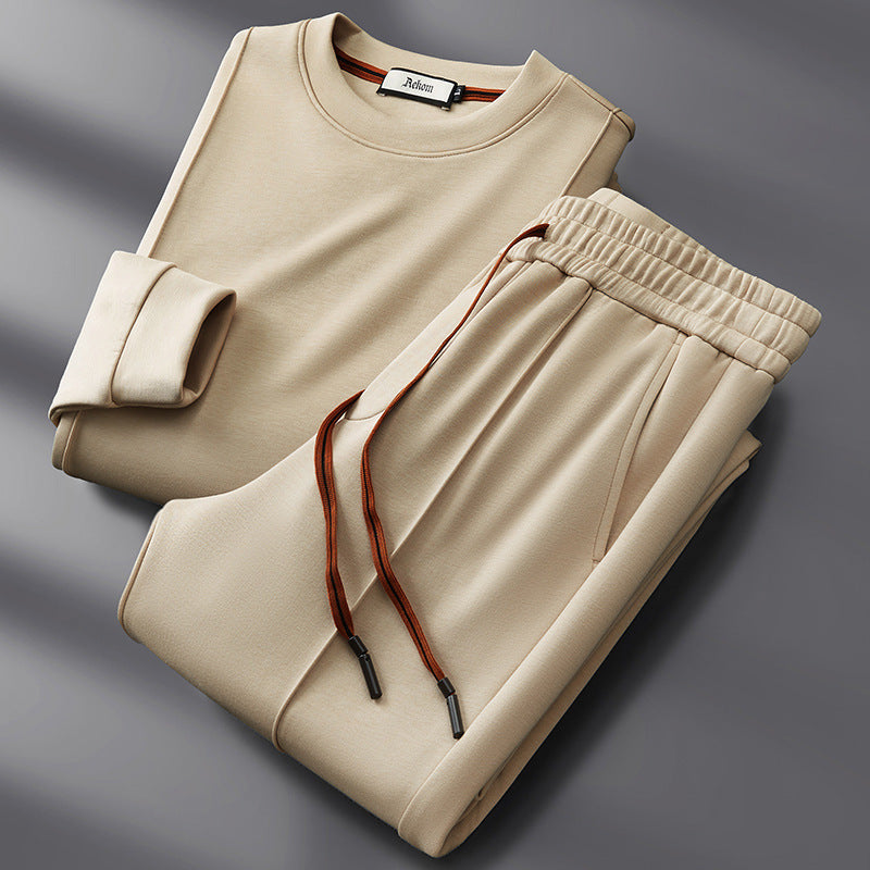 Tuta da uomo in misto cotone, felpa girocollo e pantaloni con coulisse, casual per il tempo libero - Kaki