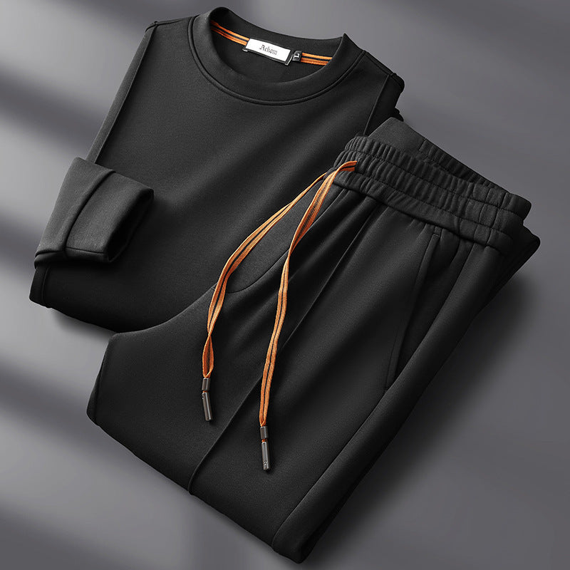 Tuta da uomo in misto cotone, felpa girocollo e pantaloni con coulisse, casual per il tempo libero - Nero