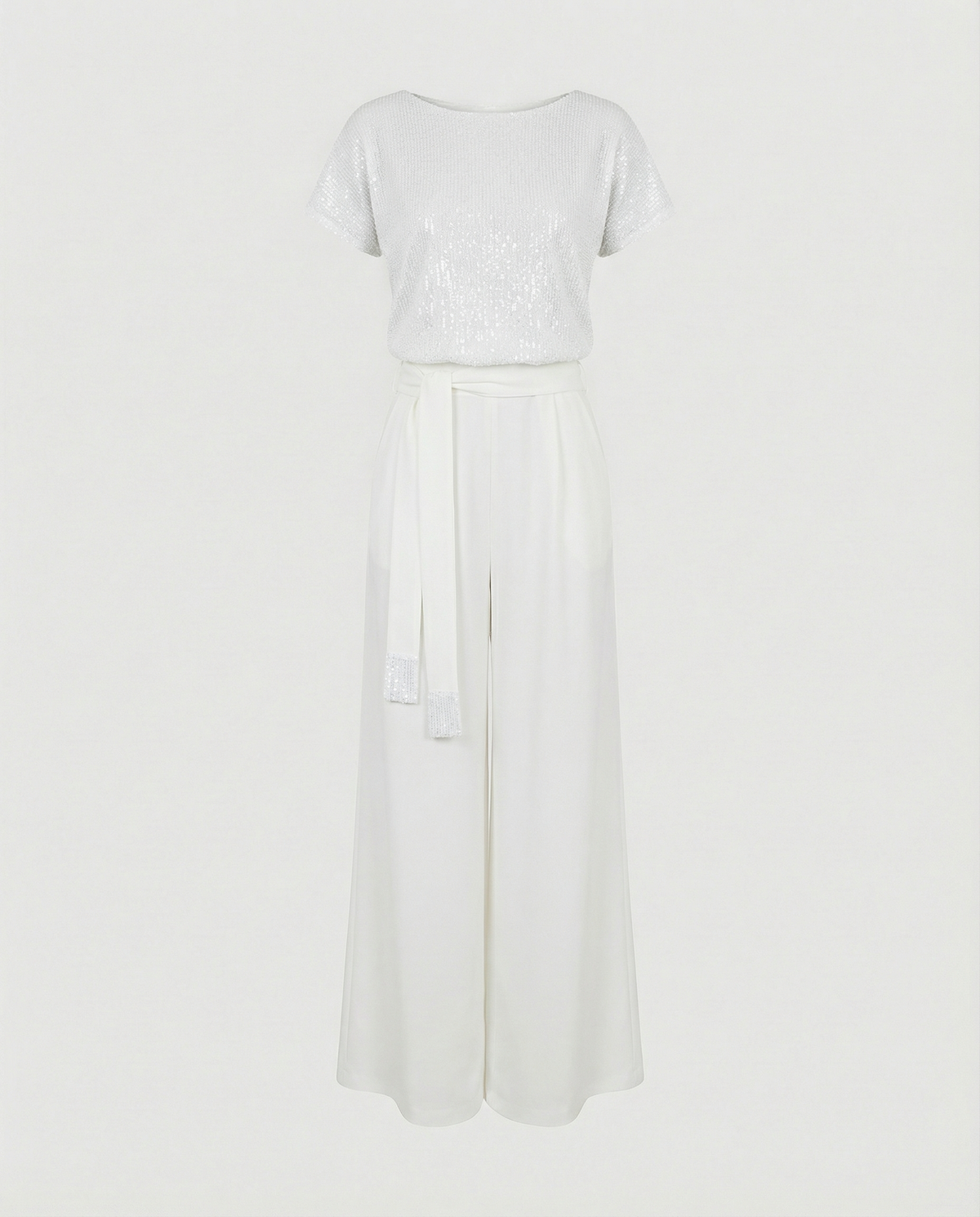 Tuta elegante da donna con paillettes e gamba larga, manica corta, per cerimonia e matrimonio - jumpsuit - Bianco