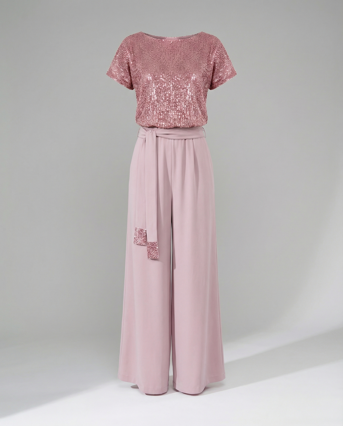 Tuta elegante da donna con paillettes e gamba larga, manica corta, per cerimonia e matrimonio - jumpsuit - Rosa