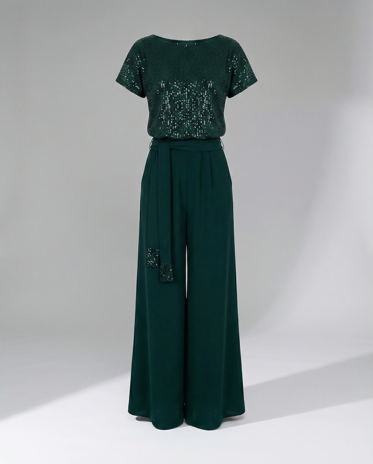 Tuta elegante da donna con paillettes e gamba larga, manica corta, per cerimonia e matrimonio - jumpsuit - Verde