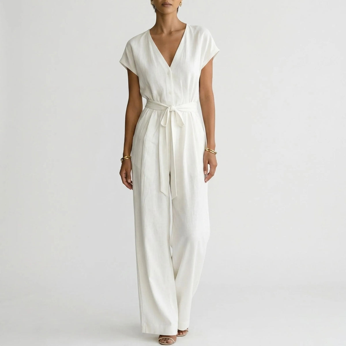Tuta elegante intera da donna con scollo a V e gamba larga, per cerimonia e matrimonio - Bianco