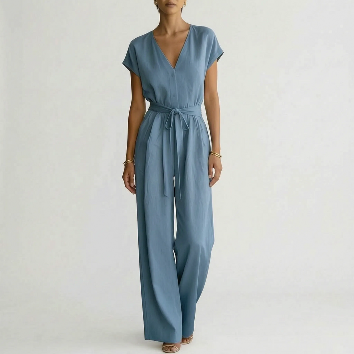Tuta elegante intera da donna con scollo a V e gamba larga, per cerimonia e matrimonio - Blu