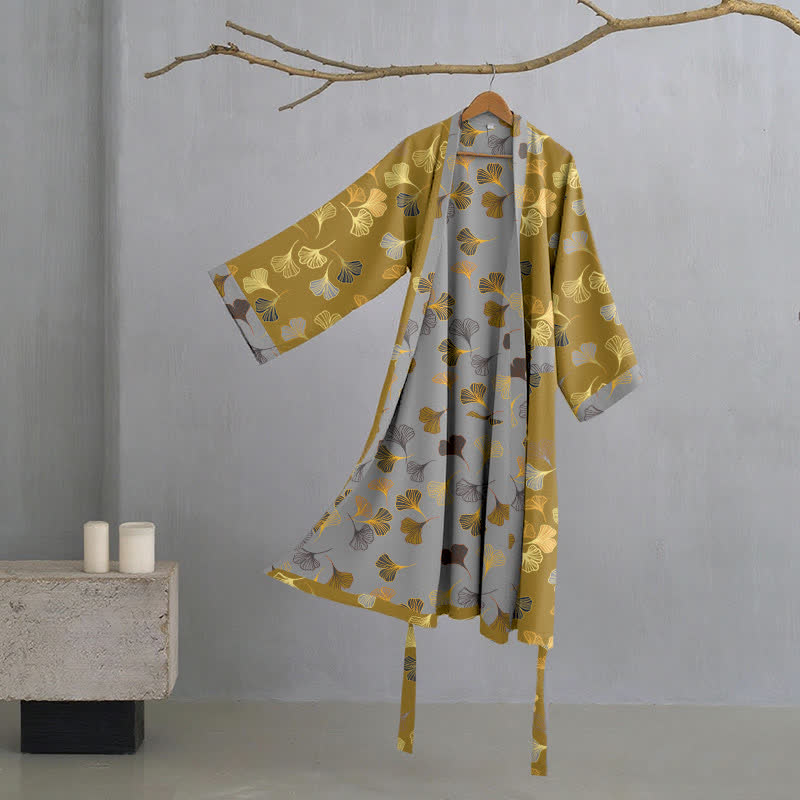 Vestaglia kimono in cotone con fantasia ginkgo biloba, lunga per casa e relax - Giallo