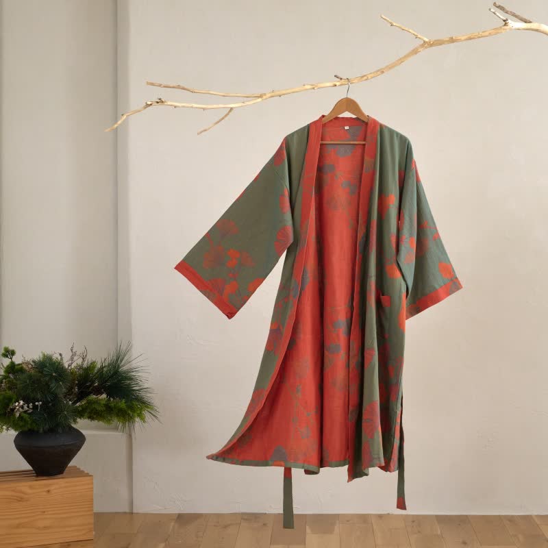 Vestaglia kimono in cotone con stampa ginkgo, reversibile - foto 14