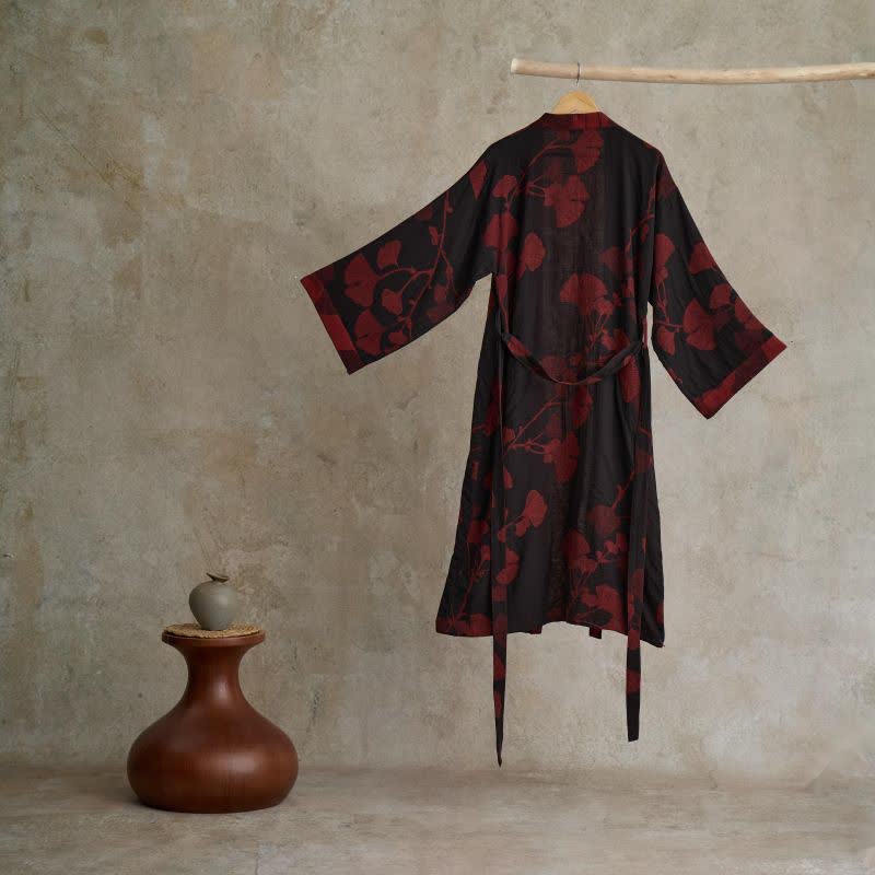 Vestaglia kimono in cotone con stampa ginkgo, reversibile - foto 2