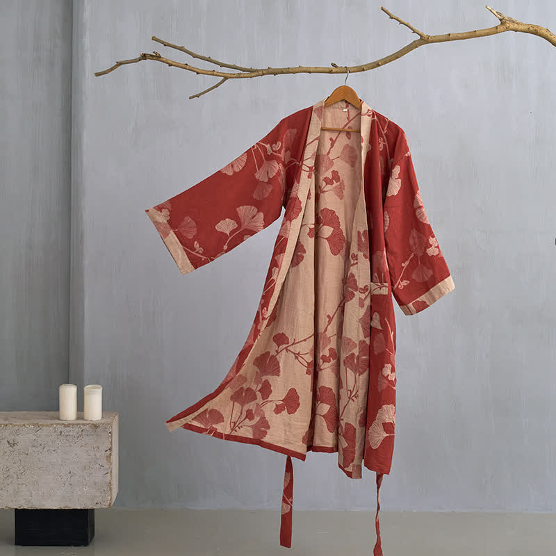 Vestaglia kimono in cotone con stampa ginkgo, reversibile - foto 7