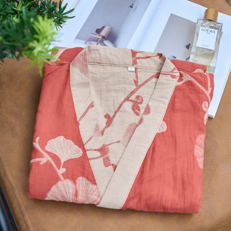 Vestaglia kimono in cotone con stampa ginkgo, reversibile - foto 8