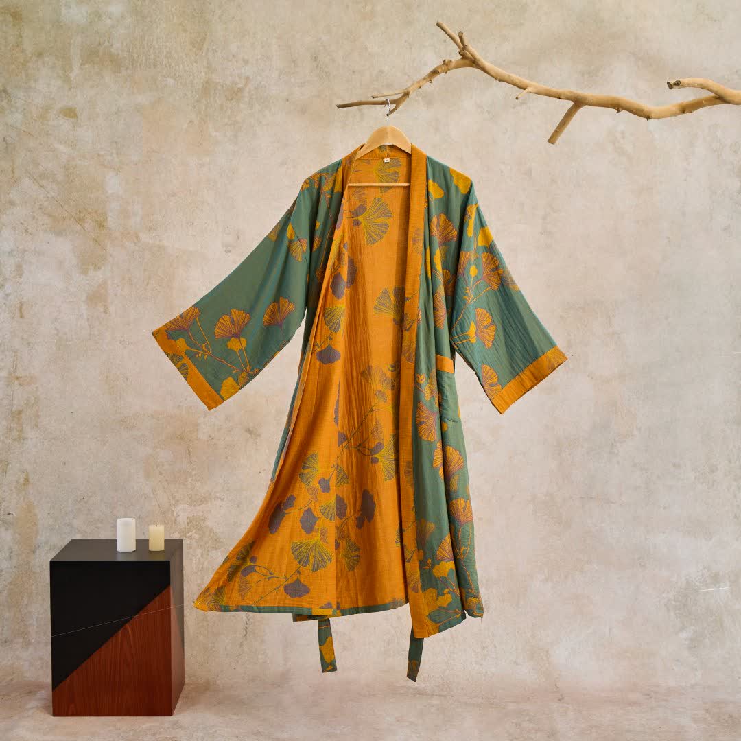 Vestaglia kimono in cotone con stampa ginkgo, reversibile - foto 9