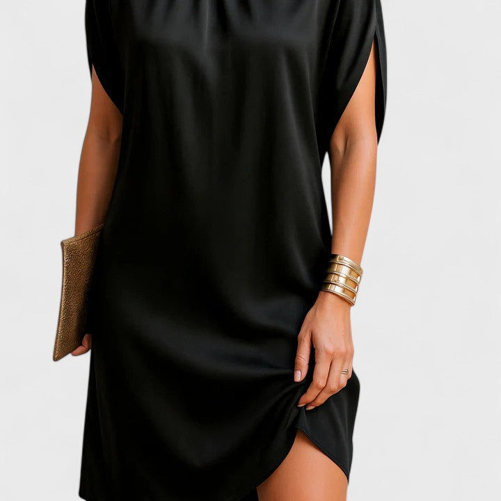 Vestito in raso da donna con collo alto e manica corta, elegante abito da cocktail, da sera e da festa - foto 3