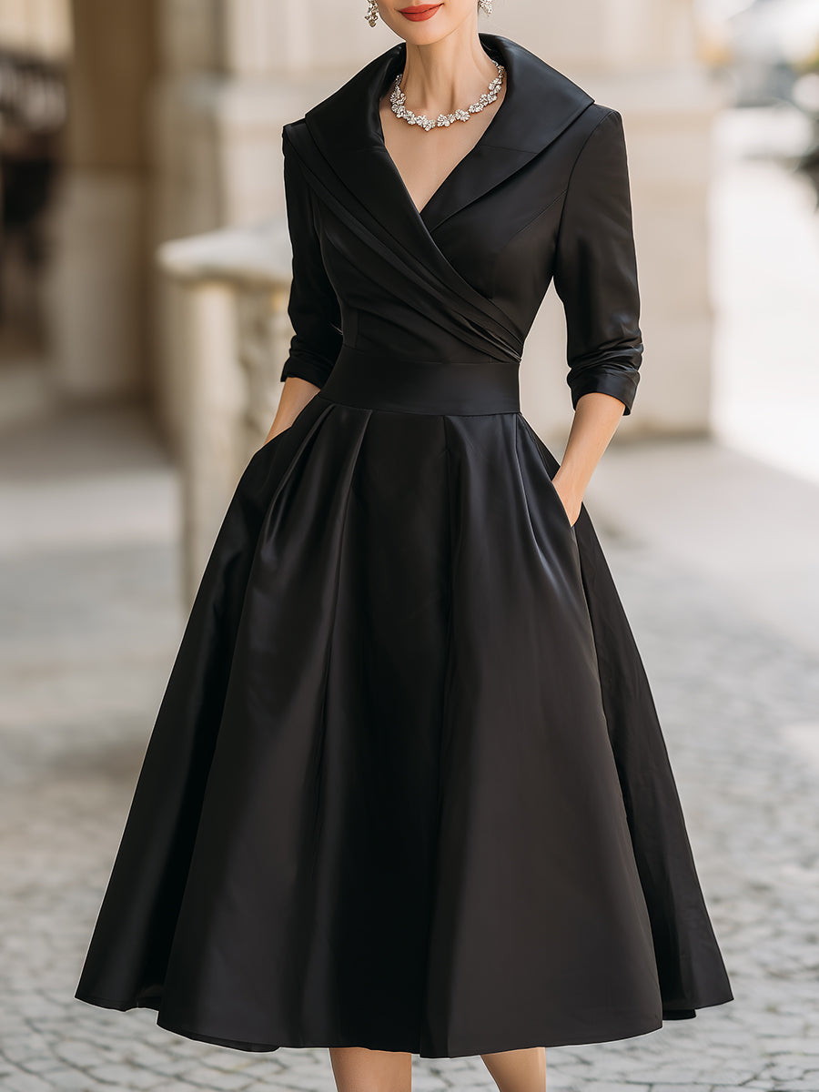Abito da cerimonia da donna midi con scollo a V e manica a 3/4, elegante per matrimonio e sera - Nero