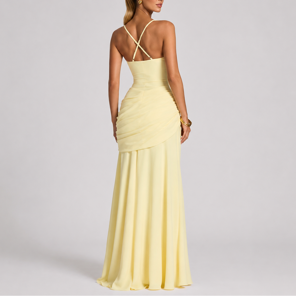 Abito da sera lungo da donna a sirena con scollo quadrato e vita drappeggiata, elegante per cerimonia e matrimonio - foto 8