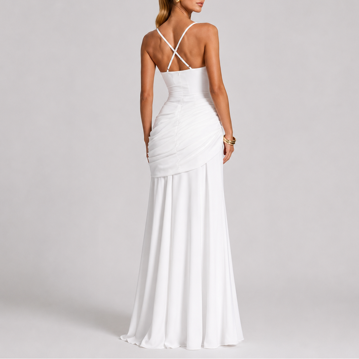 Abito da sera lungo da donna a sirena con scollo quadrato e vita drappeggiata, elegante per cerimonia e matrimonio - foto 9