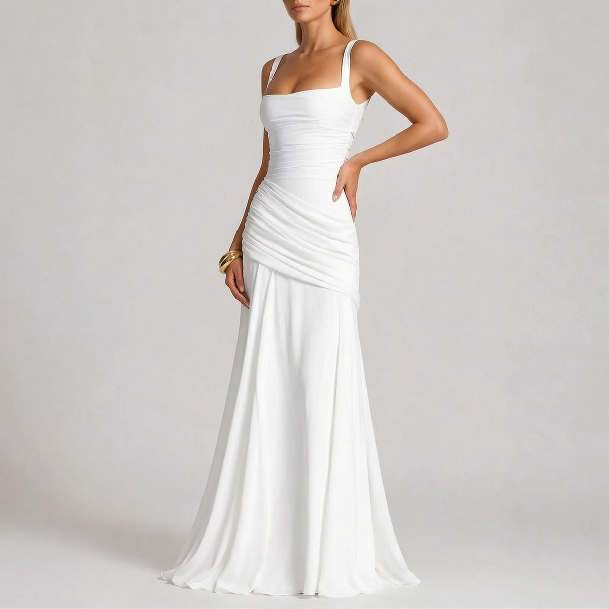 Abito da sera lungo da donna a sirena con scollo quadrato e vita drappeggiata, elegante per cerimonia e matrimonio - Bianco