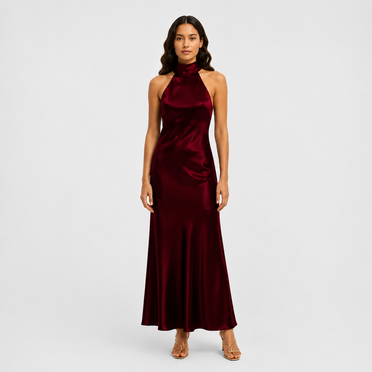 Abito lungo da donna in raso con scollo all'americana e schiena scoperta, elegante per cerimonia e sera - Rosso scuro