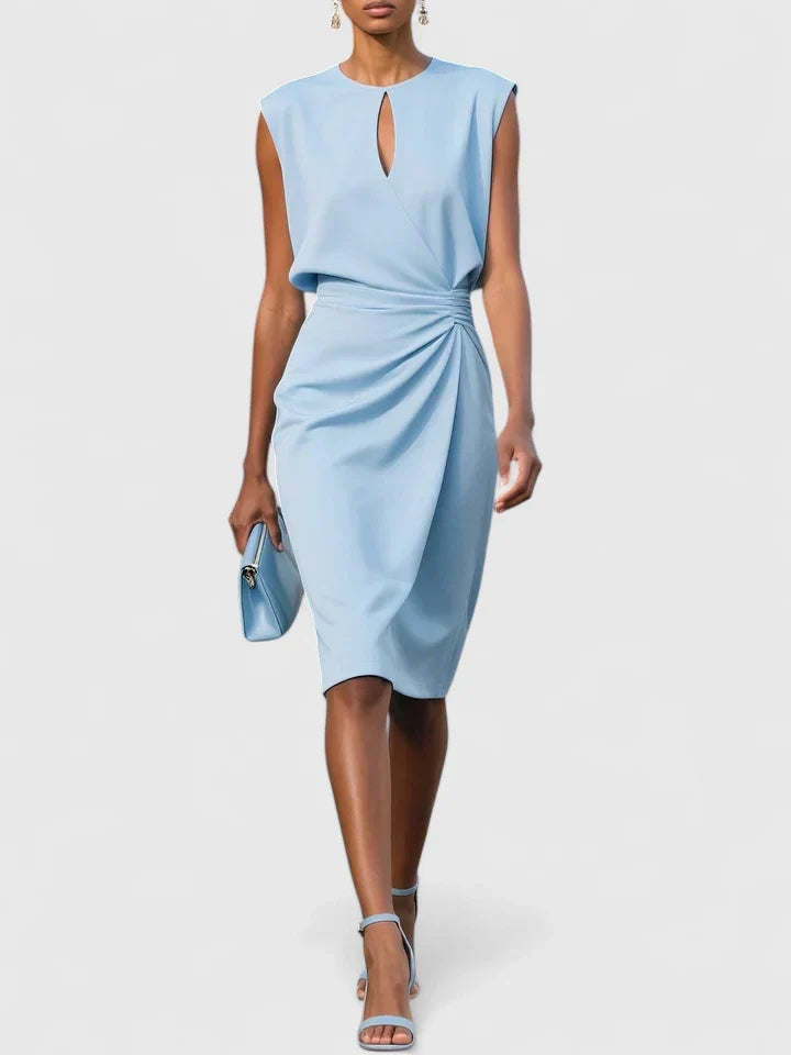 Abito midi a portafoglio senza maniche con vita drappeggiata, elegante da cerimonia e cocktail - Azzurro
