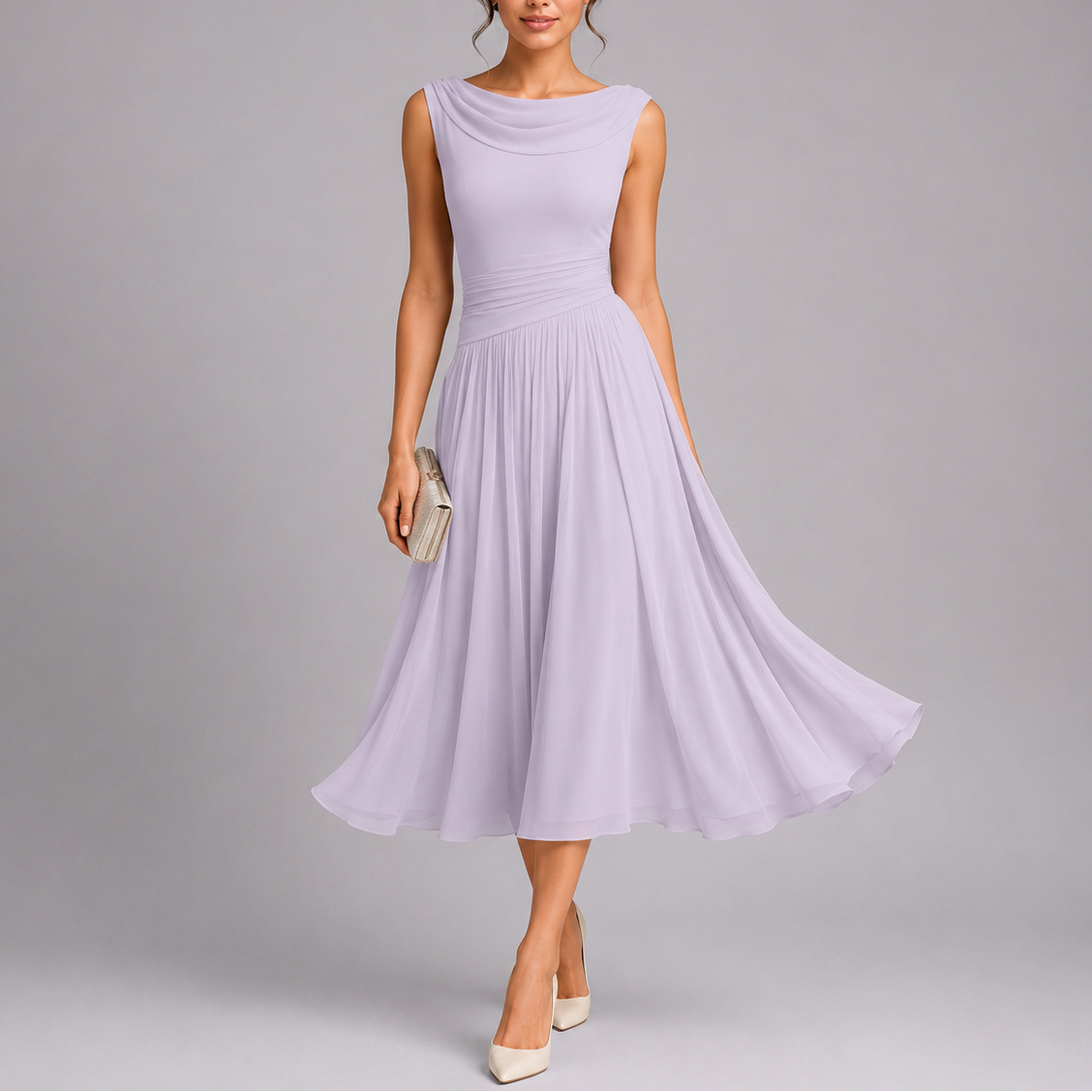 Abito midi elegante da cerimonia, smanicato e plissettato con scollo a barca, per matrimonio e sera - view 7