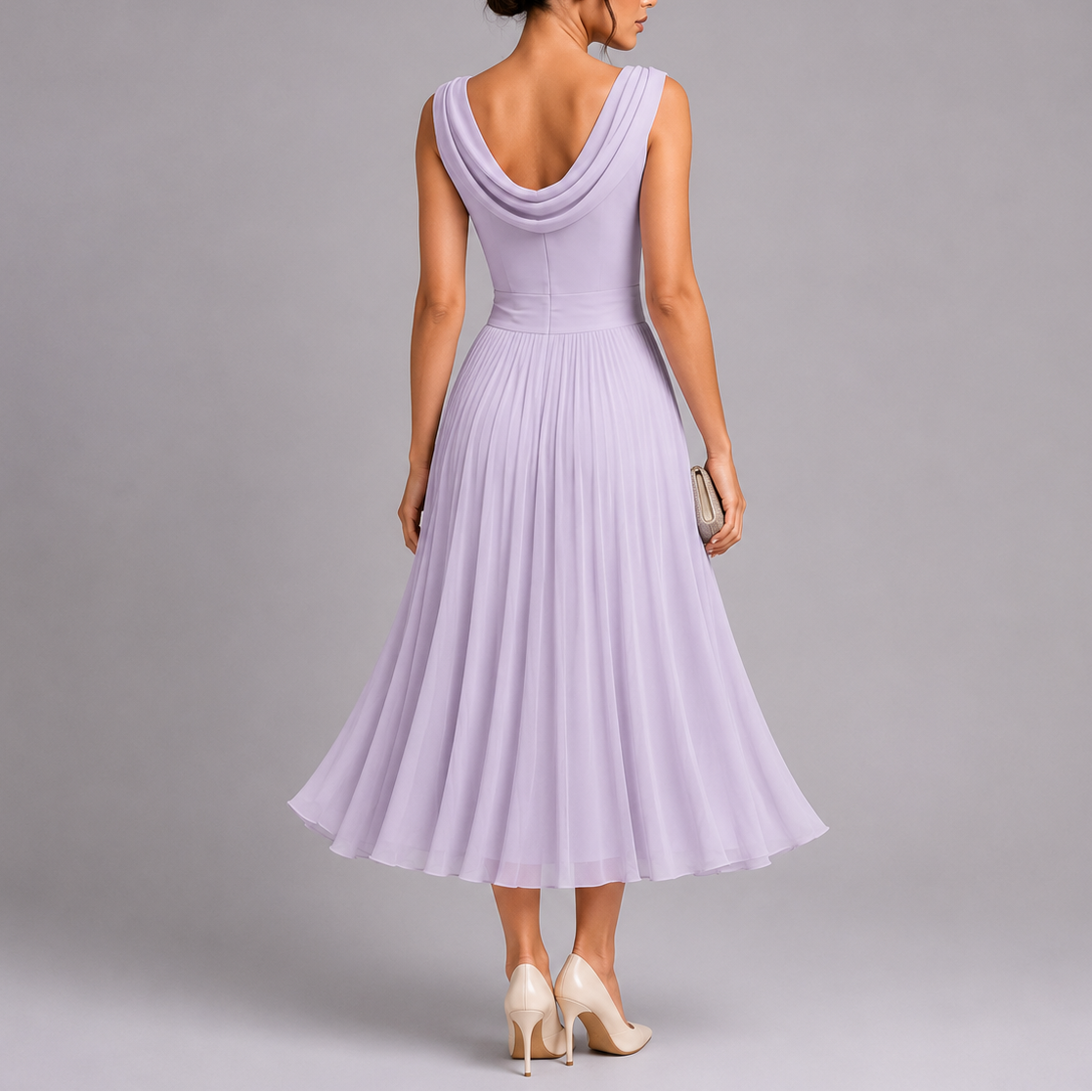 Abito midi elegante da cerimonia, smanicato e plissettato con scollo a barca, per matrimonio e sera - view 8