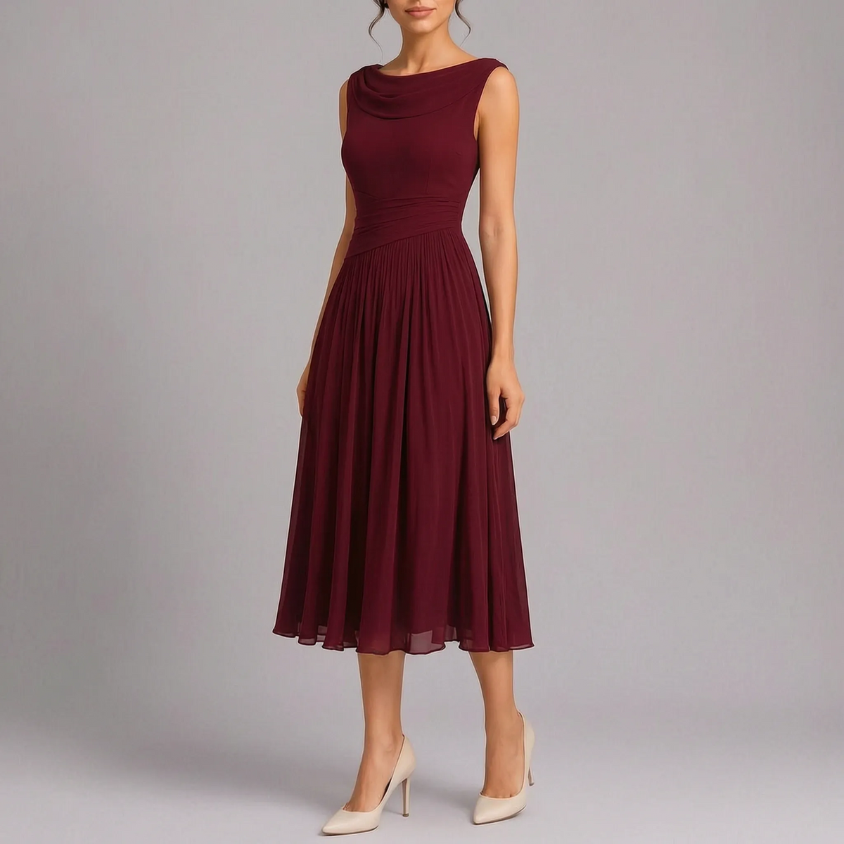 Abito midi elegante da cerimonia, smanicato e plissettato con scollo a barca, per matrimonio e sera - Rosso