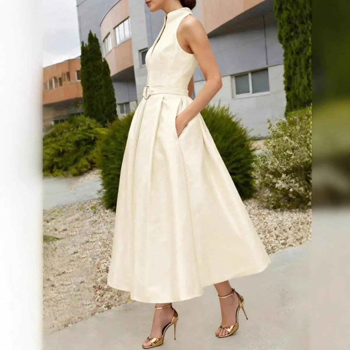 Abito midi elegante da donna senza maniche, da cerimonia, matrimonio e sera - abito da cocktail svasato con cintura - view 7