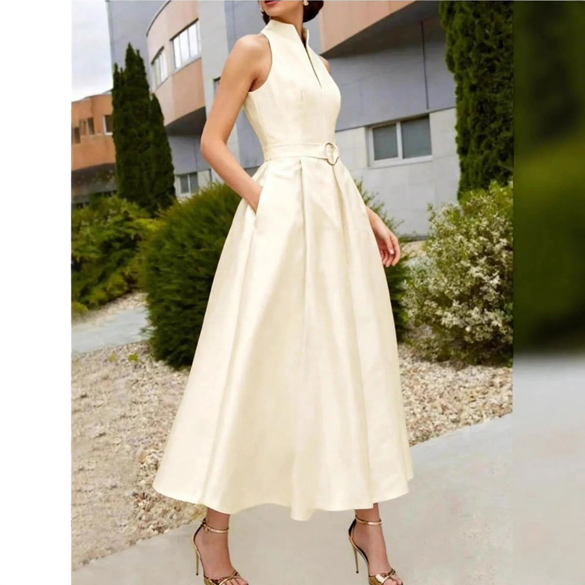 Abito midi elegante da donna senza maniche, da cerimonia, matrimonio e sera - abito da cocktail svasato con cintura - view 9