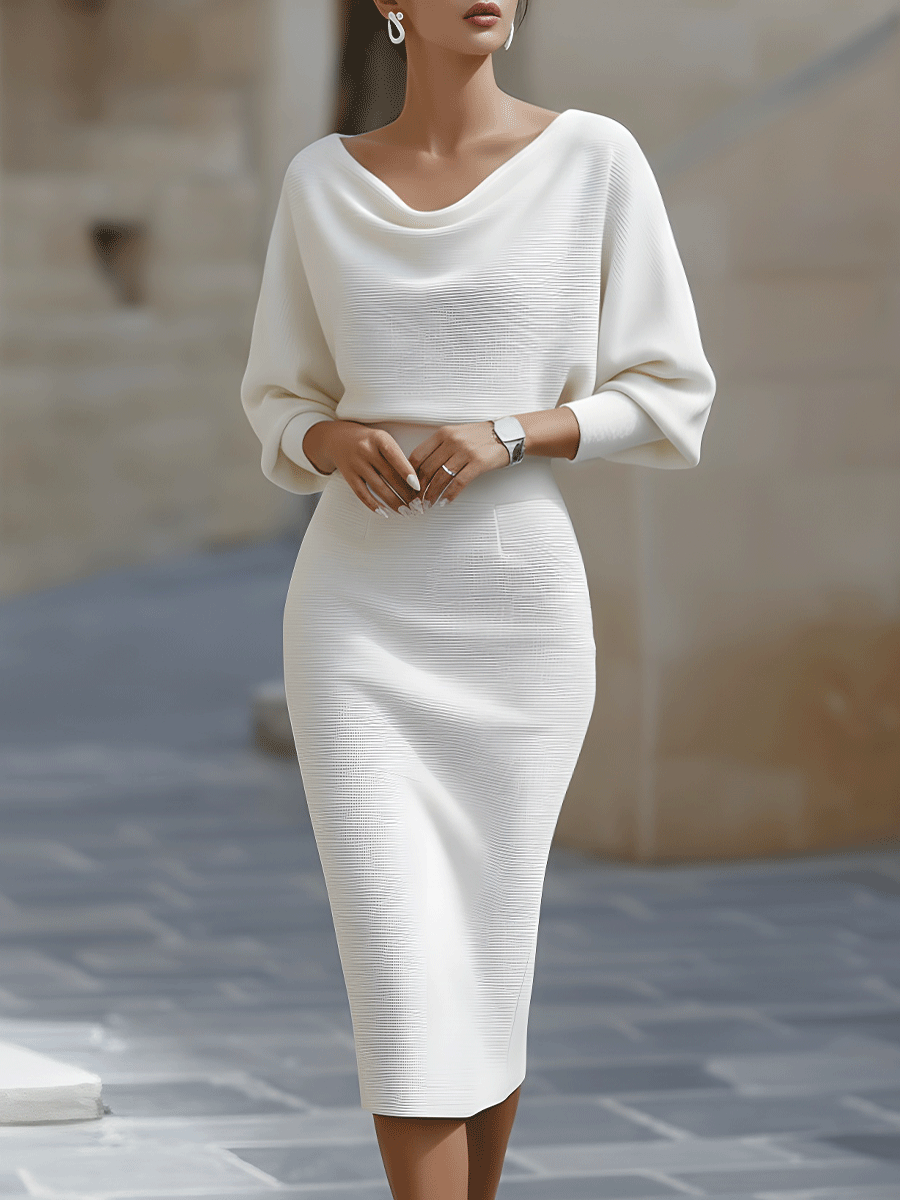 Abito midi in maglia da donna a maniche lunghe, aderente con scollo drappeggiato, elegante da cocktail e da sera - Bianco