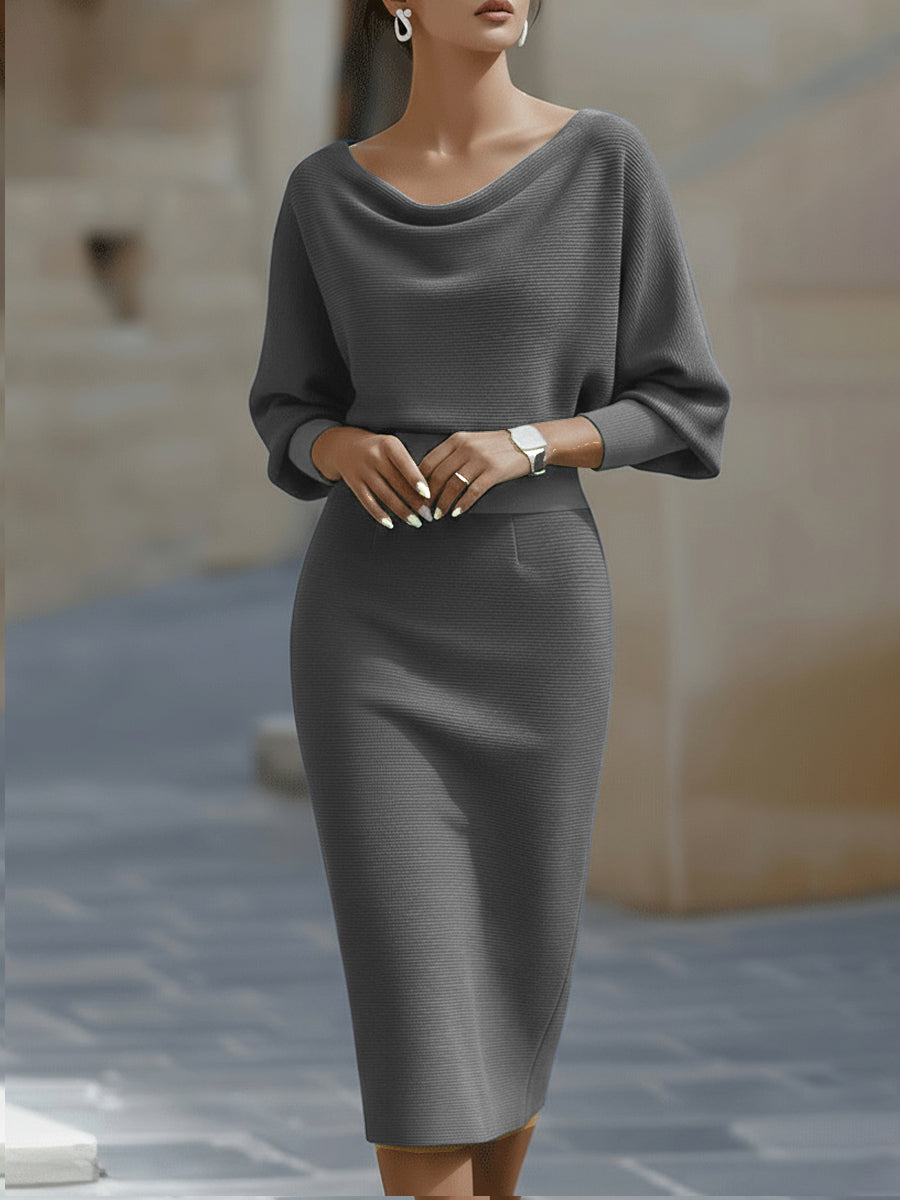 Abito midi in maglia da donna a maniche lunghe, aderente con scollo drappeggiato, elegante da cocktail e da sera - Grigio