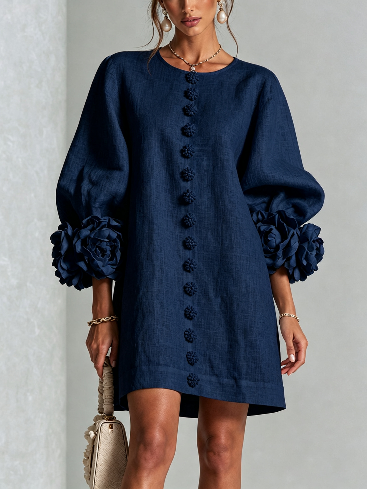 Abito mini da donna in misto lino a manica lunga con maniche a sbuffo, casual ed estivo - Blu navy