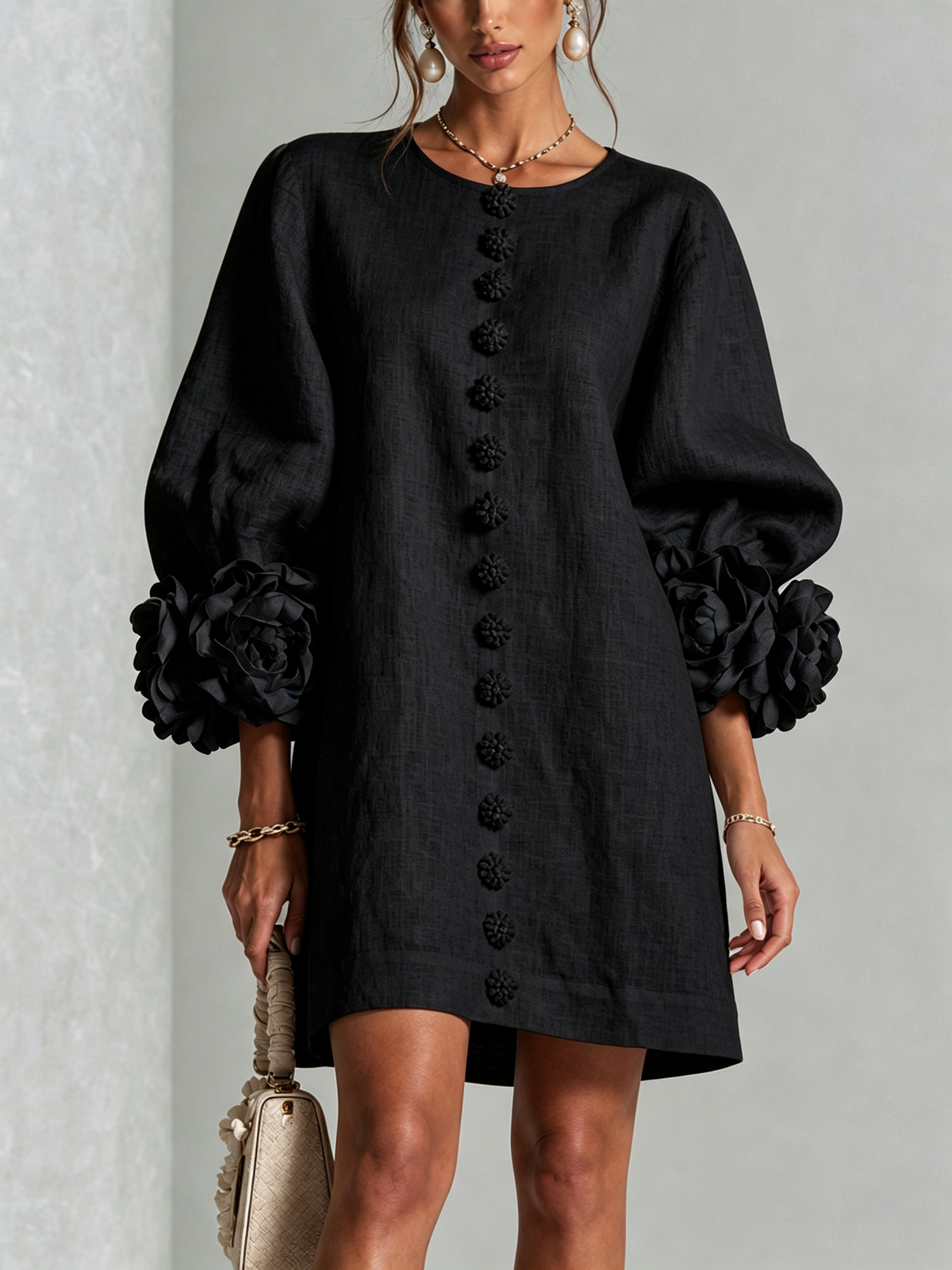 Abito mini da donna in misto lino a manica lunga con maniche a sbuffo, casual ed estivo - Nero