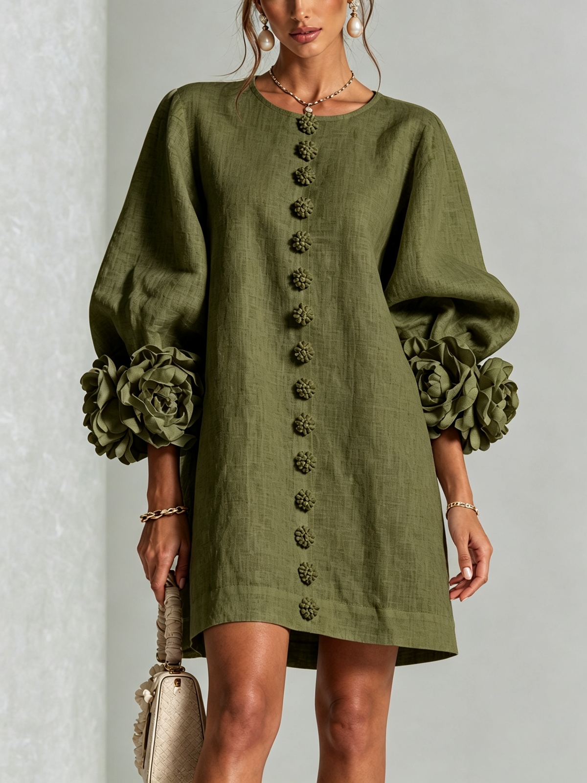 Abito mini da donna in misto lino a manica lunga con maniche a sbuffo, casual ed estivo - Verde oliva