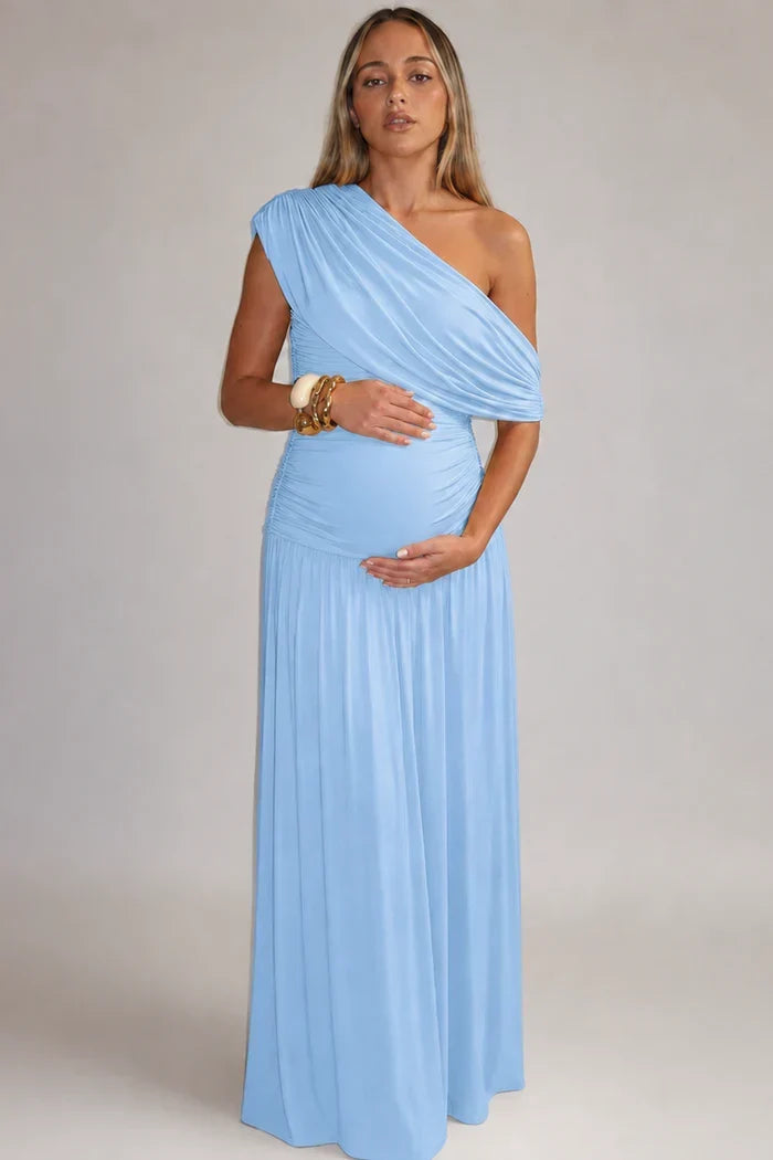 Abito premaman lungo monospalla, drappeggiato ed elegante, per cerimonia, matrimonio e battesimo - Azzurro