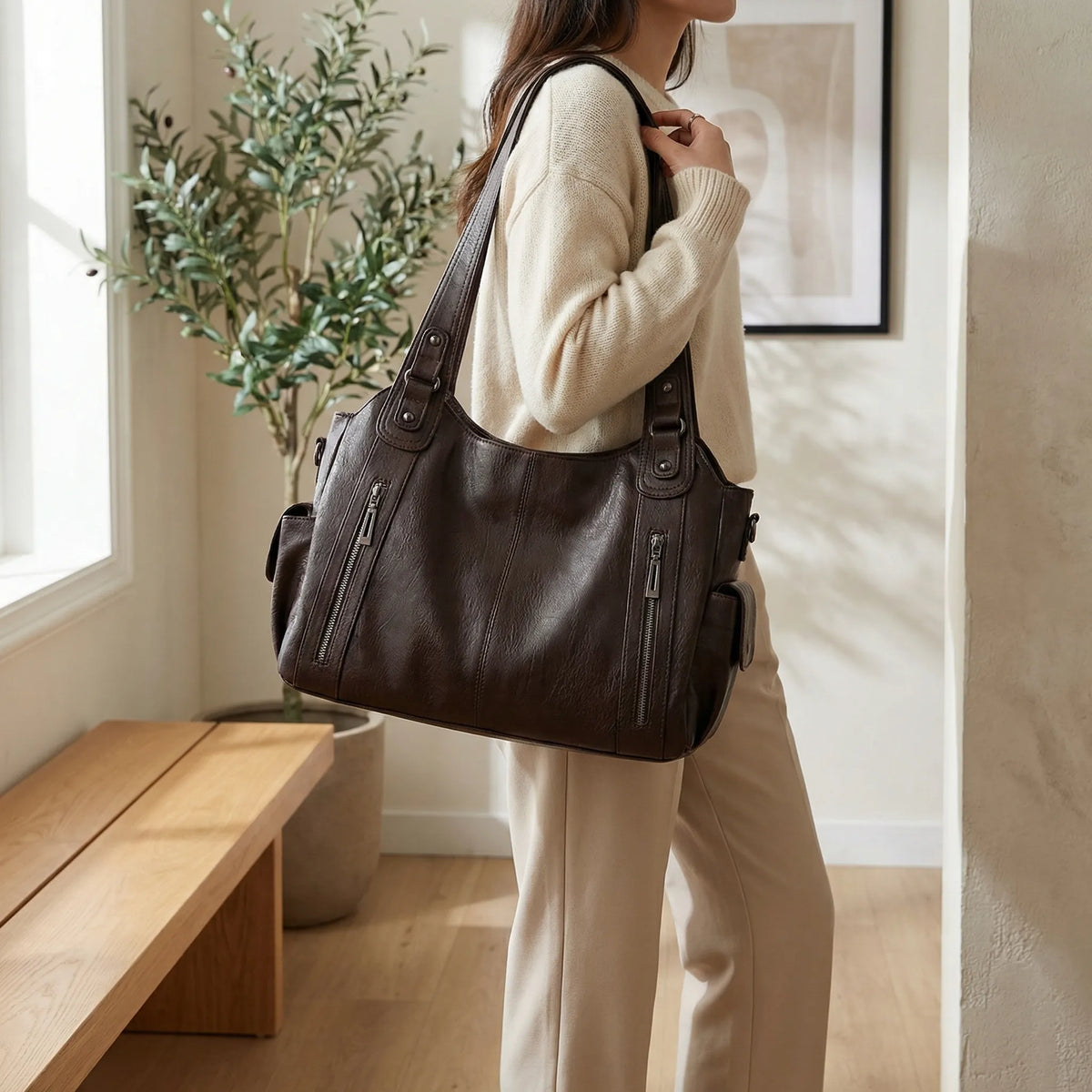 Borsa a tracolla da donna in ecopelle con tasche, borsa a spalla capiente per il lavoro - view 4