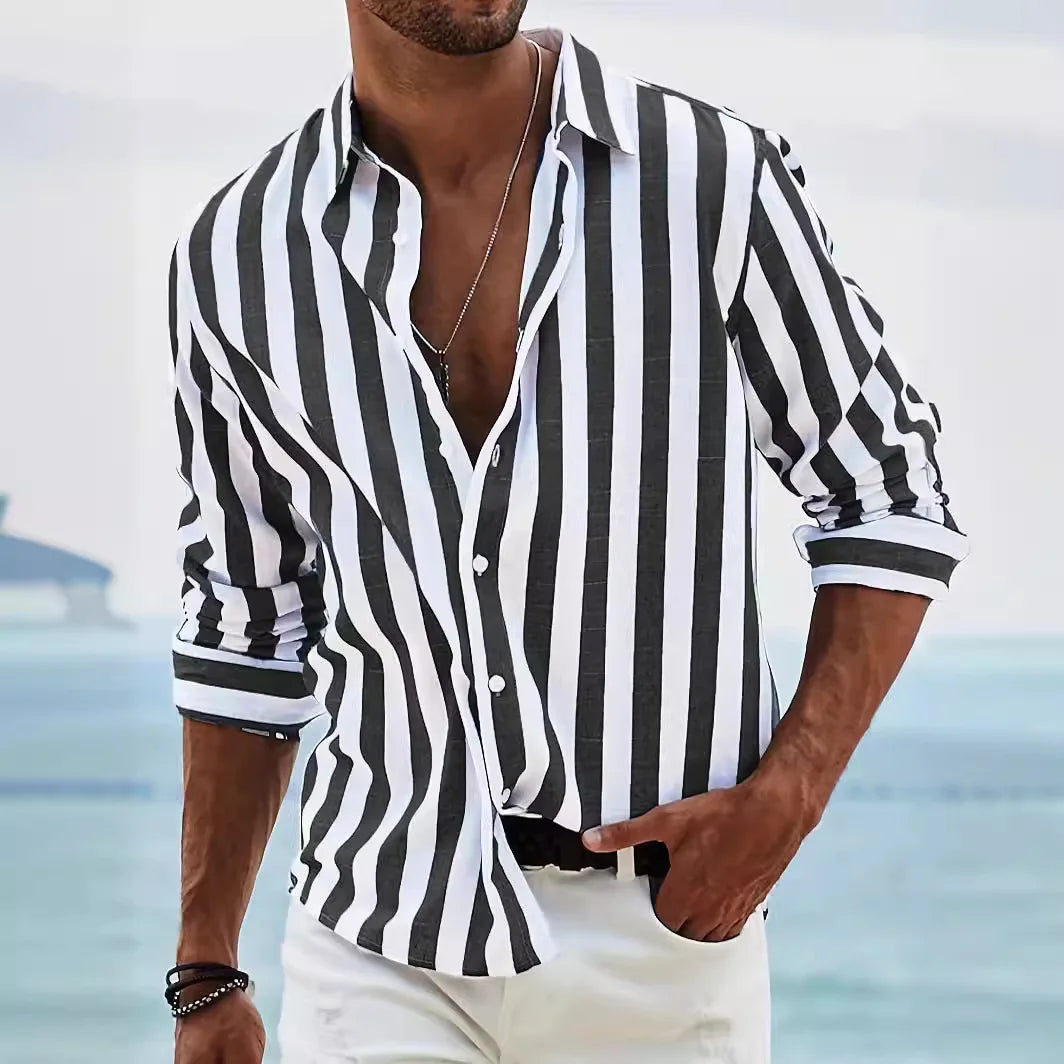 Camicia a righe da uomo in lino e cotone a manica lunga, estiva da spiaggia e vacanza - Nero