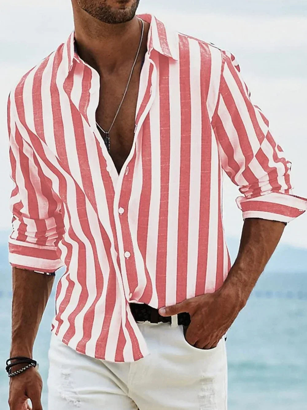 Camicia a righe da uomo in lino e cotone a manica lunga, estiva da spiaggia e vacanza - Rosso