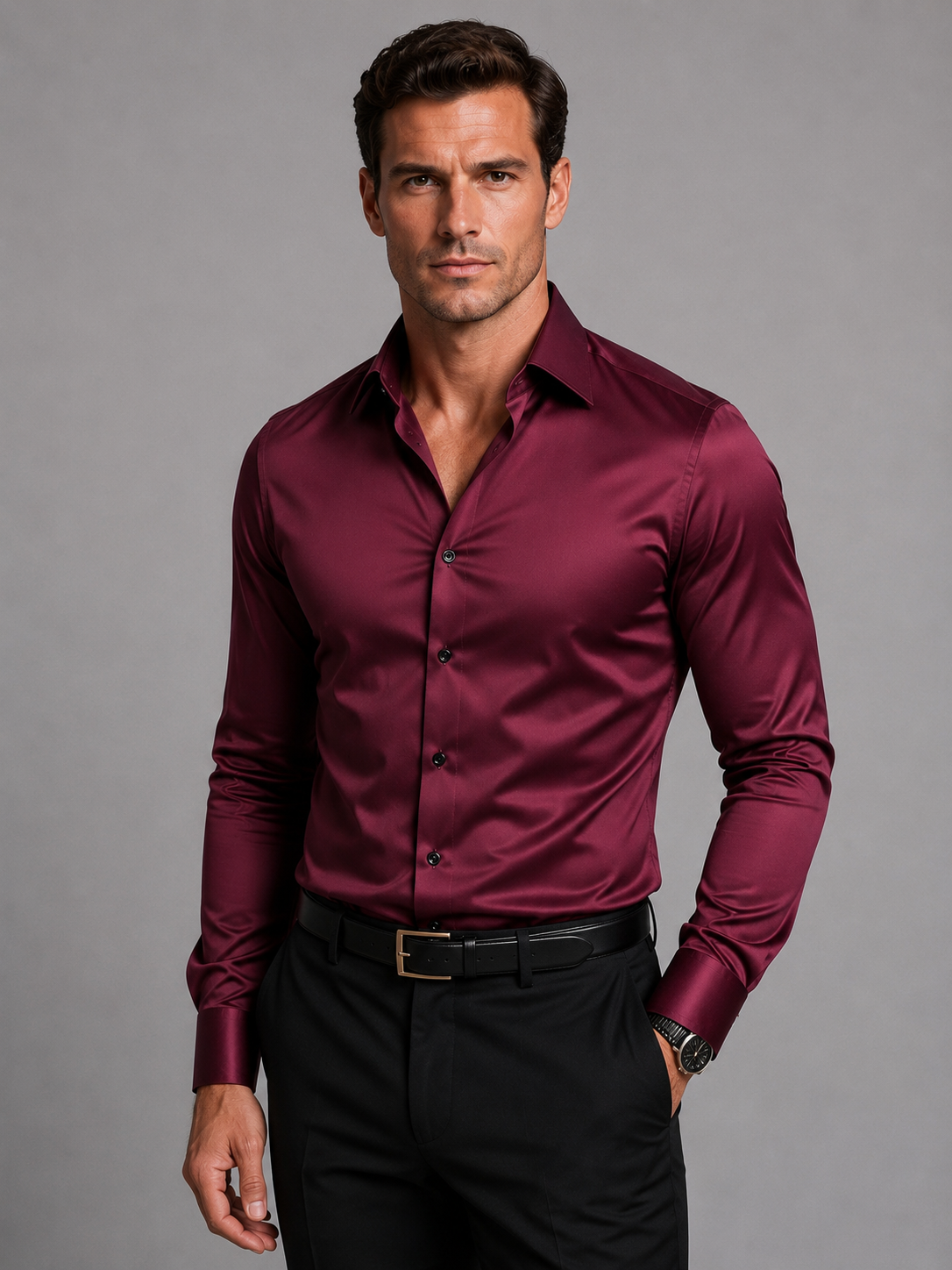 Camicia da uomo effetto satin, slim fit e maniche lunghe, elegante per ufficio e cerimonia - Borgogna