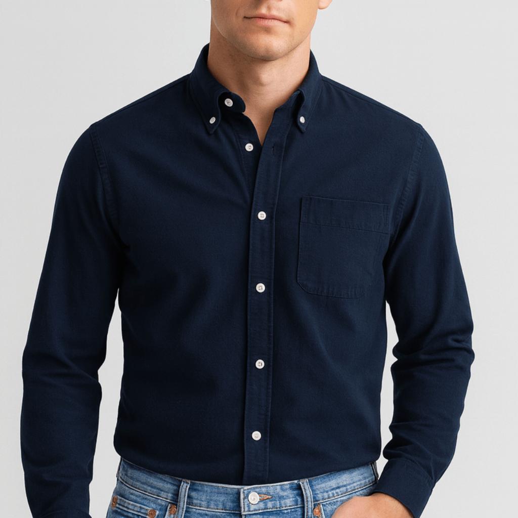 Camicia di cotone da uomo a maniche lunghe con colletto button-down, elegante e casual - Blu scuro