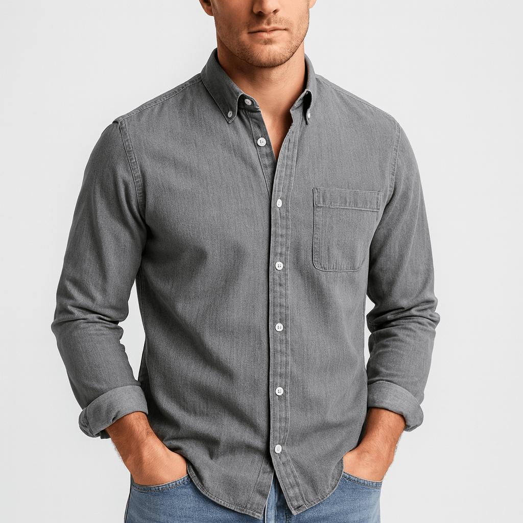 Camicia di cotone da uomo a maniche lunghe con colletto button-down, elegante e casual - Grigio