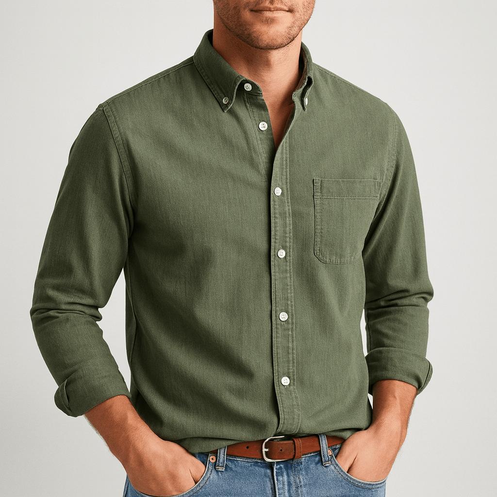 Camicia di cotone da uomo a maniche lunghe con colletto button-down, elegante e casual - Verde