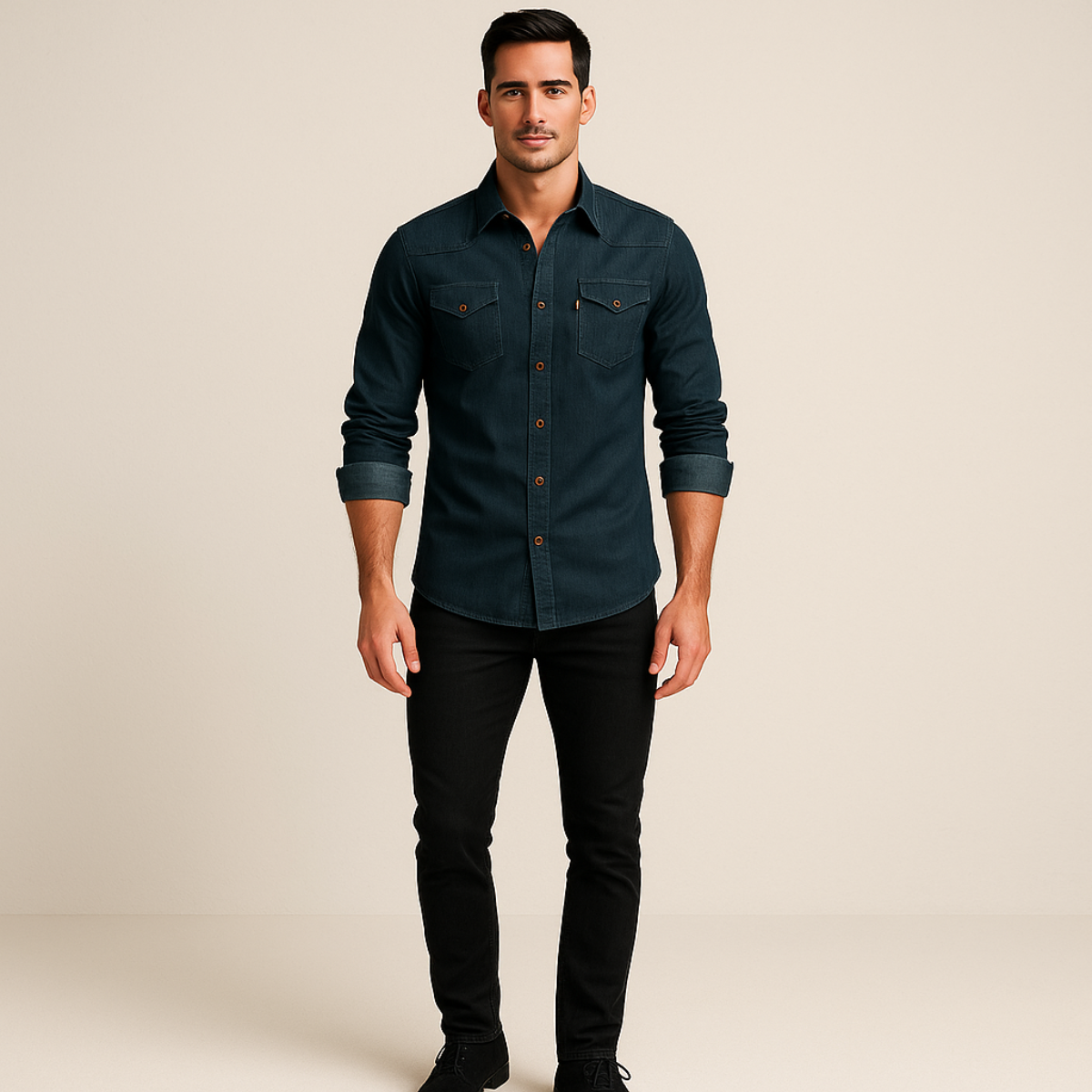 Camicia di jeans da uomo elasticizzata slim fit con tasche e maniche lunghe - foto 7