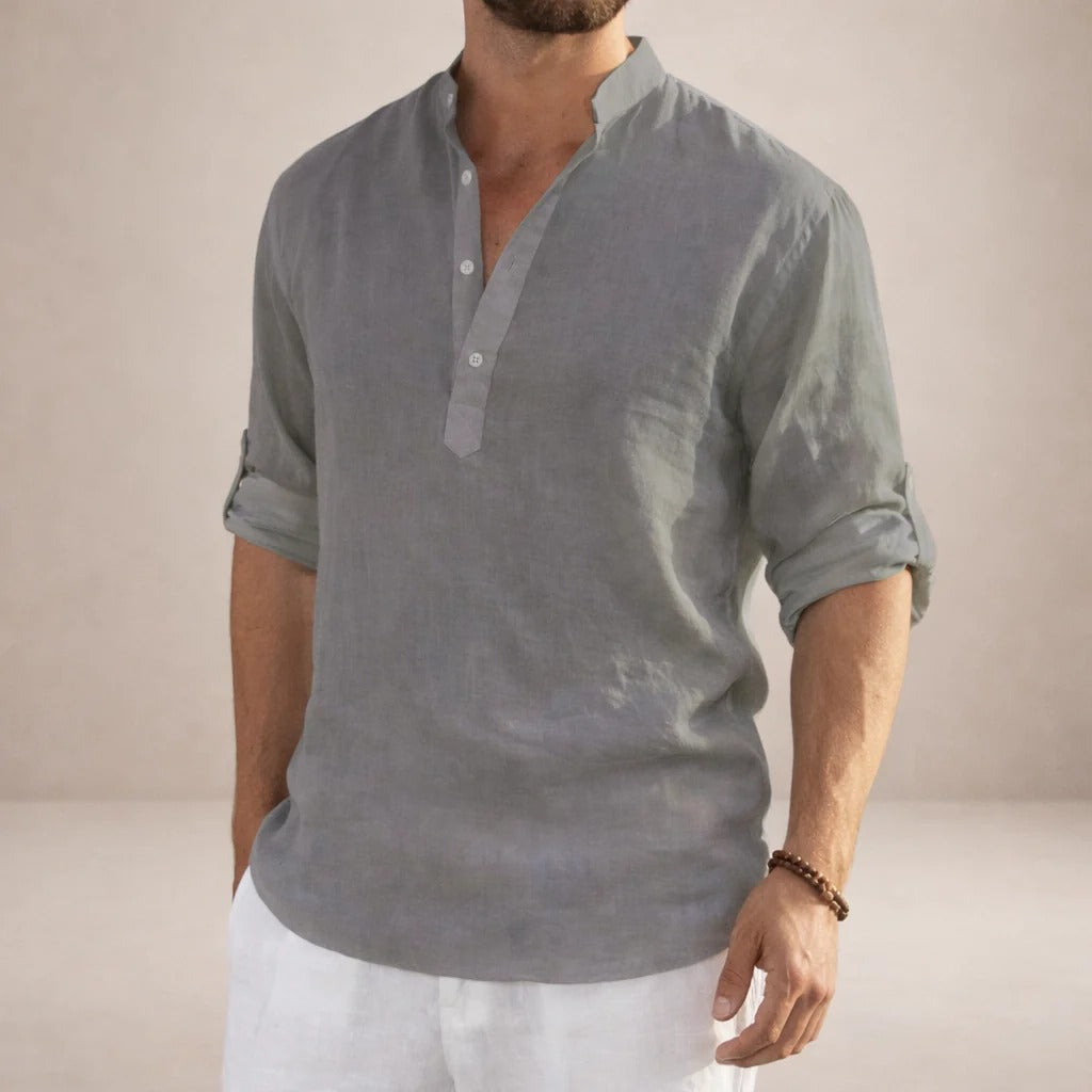 Camicia in misto lino da uomo con collo alla coreana, a manica lunga, estiva e casual da spiaggia - view 13