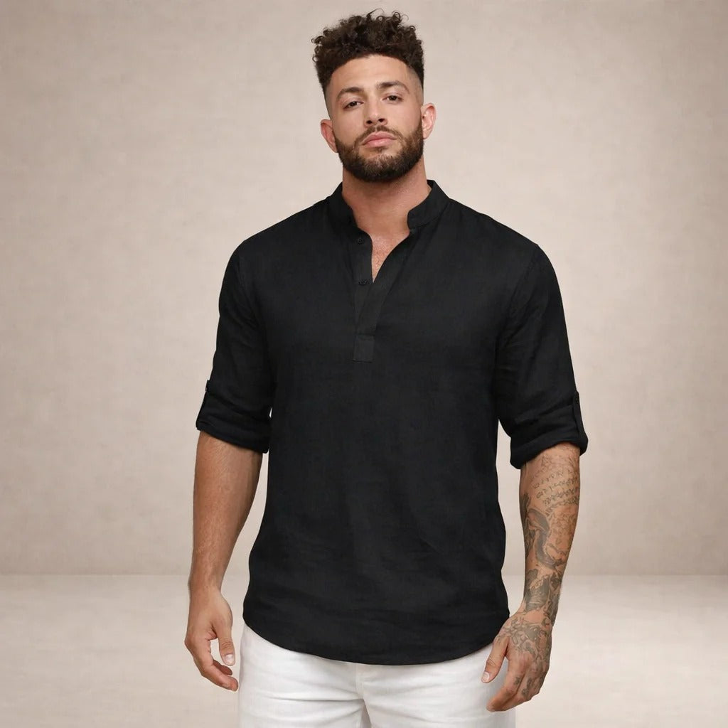 Camicia in misto lino da uomo con collo alla coreana, a manica lunga, estiva e casual da spiaggia - view 9
