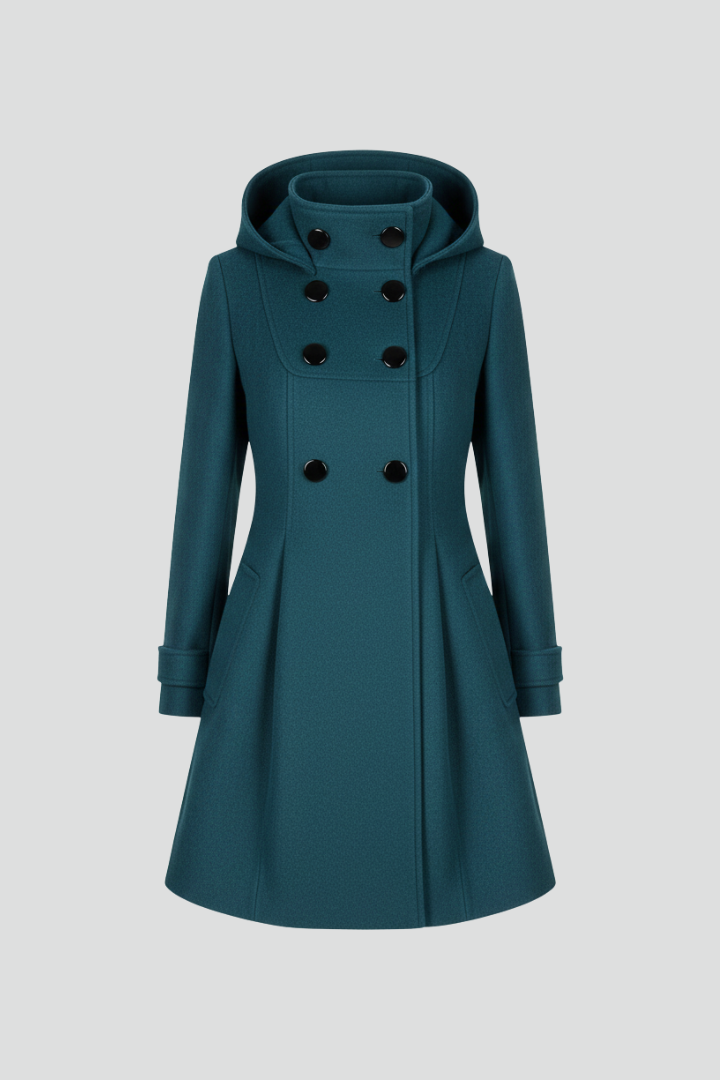 Cappotto da donna con cappuccio e doppiopetto, linea svasata al ginocchio, invernale - view 4