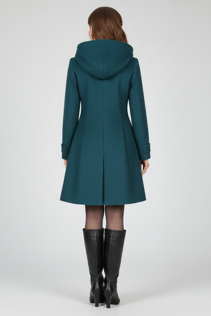 Cappotto da donna con cappuccio e doppiopetto, linea svasata al ginocchio, invernale - view 7