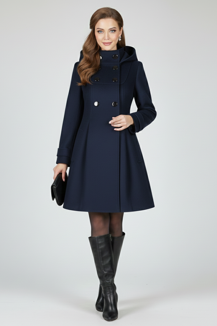 Cappotto da donna con cappuccio e doppiopetto, linea svasata al ginocchio, invernale - Blu scuro