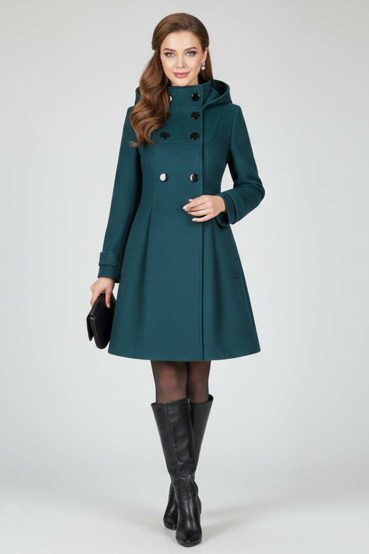 Cappotto da donna con cappuccio e doppiopetto, linea svasata al ginocchio, invernale - Verde