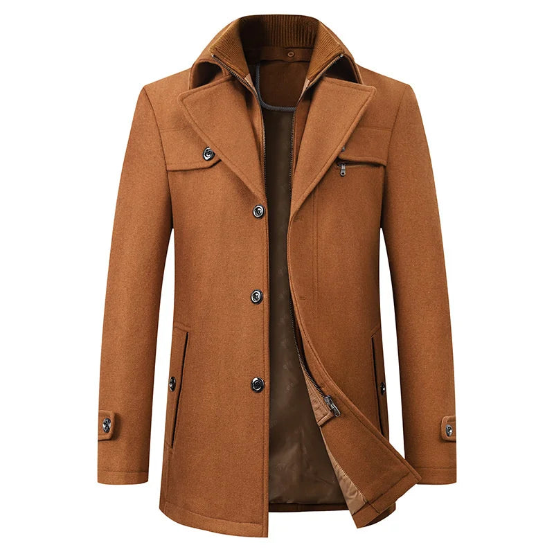 Cappotto invernale da uomo con collo alla coreana, elegante e caldo, da completo e per l'ufficio - Marrone